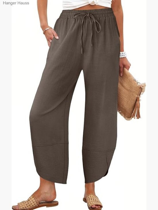 Pants - Wide Leg Palazzo Pants Cropped Capris Drawstring Waist Rayon Linen Casual